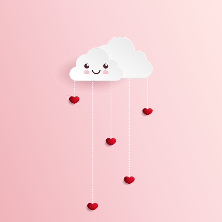 valentine's day background with cloud and heart shapes, paper cut styleのイラスト素材