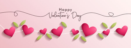 realistic valentine day banner with green leaves and red heart shapesのイラスト素材