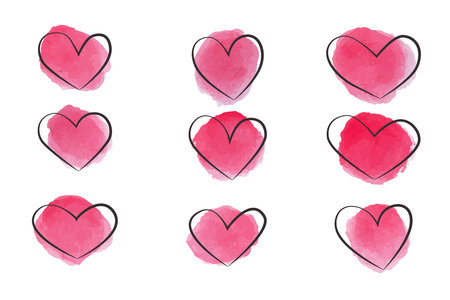 Set of pink watercolor hearts on a white background. Vector illustration.のイラスト素材