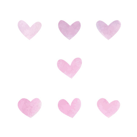 Set of pink watercolor hearts on white background. Vector illustration.のイラスト素材