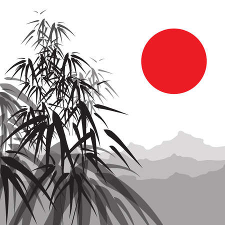 Landscape with bamboo, sun and mountainsのイラスト素材