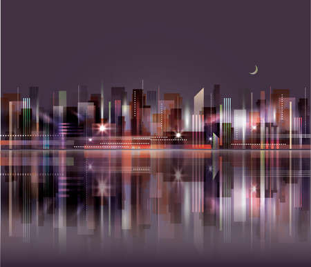 City skyline at night with reflection in waterのイラスト素材