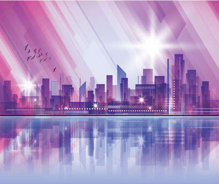 City skyline at night with reflection in waterのイラスト素材