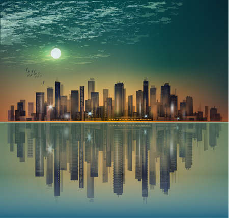 City landscape at night in moonlight with reflection in waterのイラスト素材