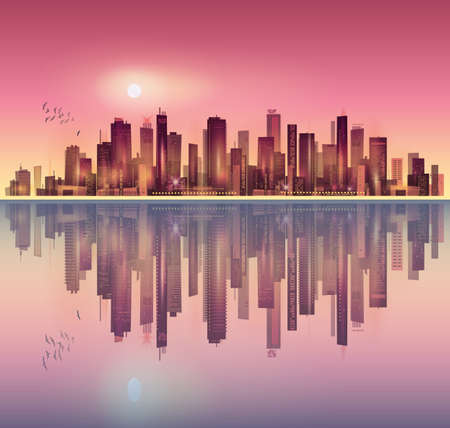 City landscape at night in moonlight with reflection in waterのイラスト素材