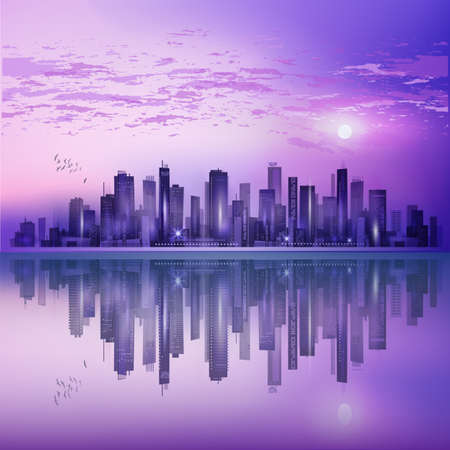 City landscape at night in moonlight with reflection in waterのイラスト素材