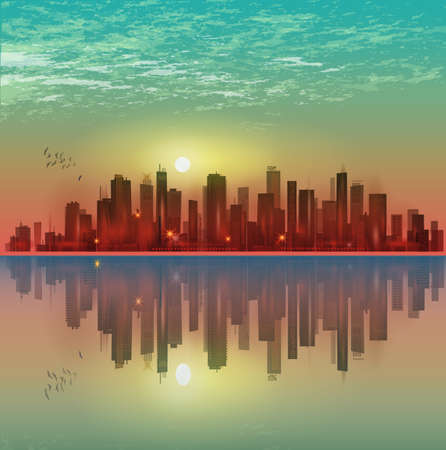 City landscape at night in moonlight with reflection in waterのイラスト素材