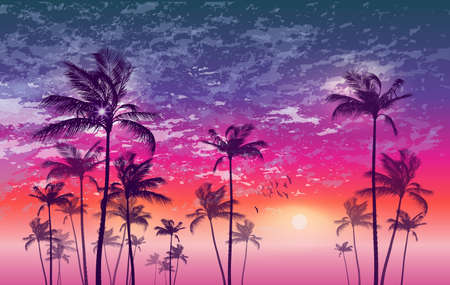 Tropical palm tree silhouette  at sunset or moonlight,   with cloudy sky. Highly detailed  and editableのイラスト素材