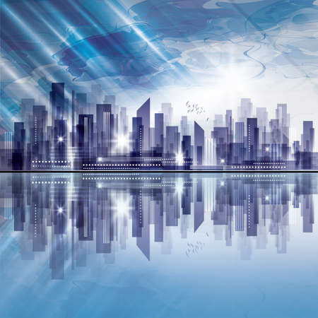 Modern night city skyline at night, with cloudy sky and sunsetのイラスト素材