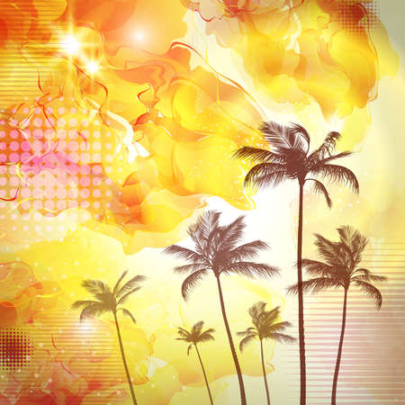 Exotic tropical palm trees  with fantasy sunset background . Highly detailed  and editableのイラスト素材
