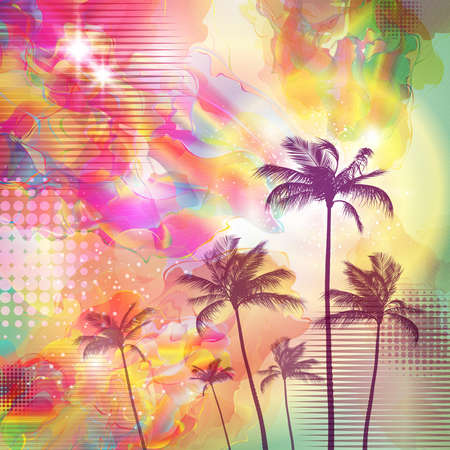 Exotic tropical palm trees  with fantasy sunset background . Highly detailed  and editableのイラスト素材