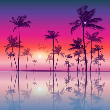 Silhouette of tropical palm trees  at sunset or sunrise, with cloudy sky . Highly detailed  and editableのイラスト素材