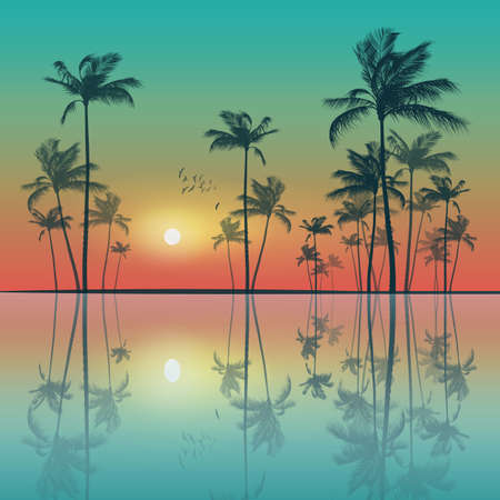Silhouette of tropical palm trees  at sunset or sunrise, with cloudy sky . Highly detailed  and editableのイラスト素材