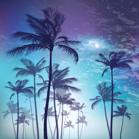 Silhouette of palm trees at night with moonのイラスト素材