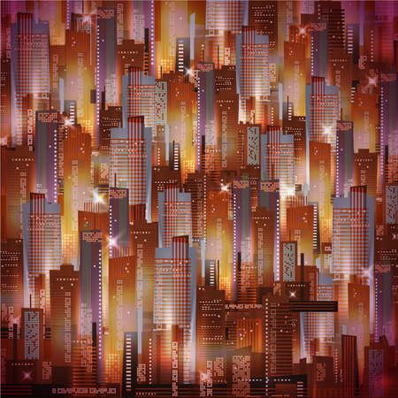 Vector night city illustration with neon glow and vivid colors.のイラスト素材