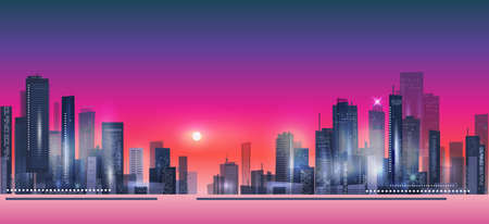 Modern night city skyline at sunsetのイラスト素材
