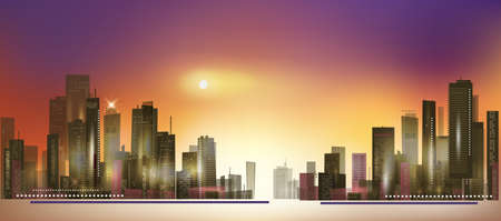 Modern night city skyline at sunsetのイラスト素材