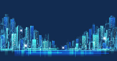 City skyline panorama at night, hand drawn cityscape, drawing architecture illustrationのイラスト素材