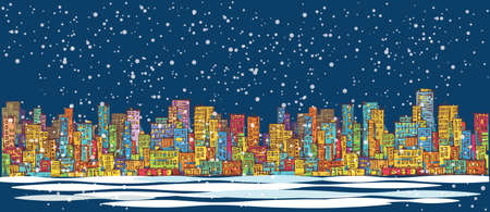 City skyline panorama, winter snow landscape at night, hand drawn cityscape, drawing architecture illustrationのイラスト素材