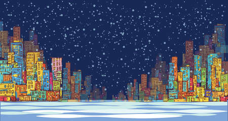 City skyline panorama, winter snow landscape at night, hand drawn cityscape, drawing architecture illustrationのイラスト素材
