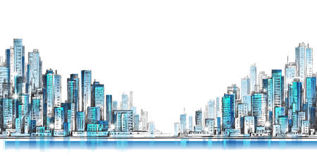 City skyline panorama, hand drawn cityscape, drawing architecture illustrationのイラスト素材