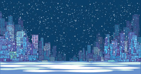 City skyline panorama, winter snow landscape at night, hand drawn cityscape, drawing architecture illustrationのイラスト素材
