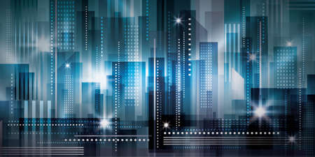 Vector night city illustration with neon glowのイラスト素材