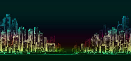 City skyline panorama at night, hand drawn cityscapeのイラスト素材