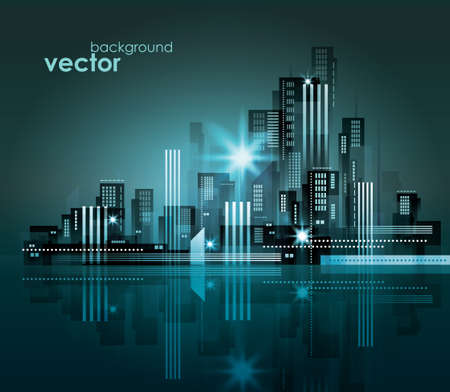 Modern night city skyline, with reflection on water surface, vector cityscapeのイラスト素材