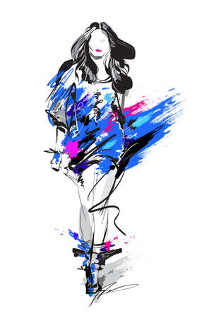 Woman fashion model, hand drawn vector sketchのイラスト素材