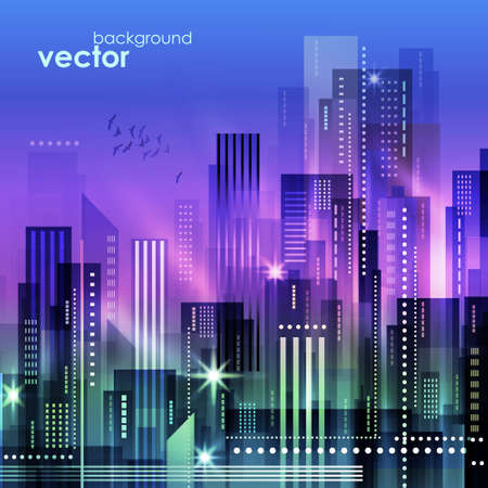 Colorful modern night City skyline, vector illustrationのイラスト素材