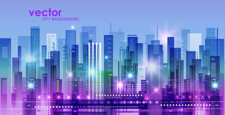 Vector night city illustration with neon glow and vivid colors.のイラスト素材