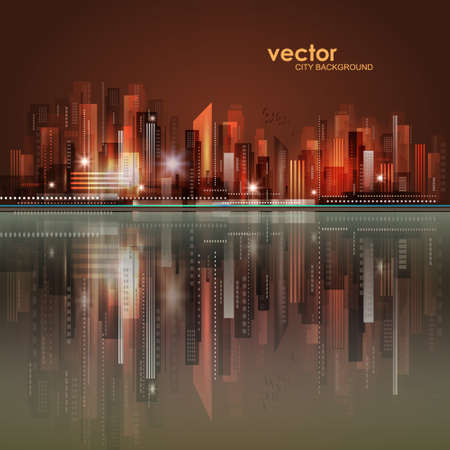 Night city skyline with reflection in water. Vector illustration.のイラスト素材