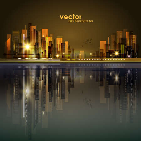 Vector night city illustration with neon glowのイラスト素材