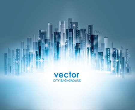 Colorful Night city background, with glowing lights, vector illustrationのイラスト素材