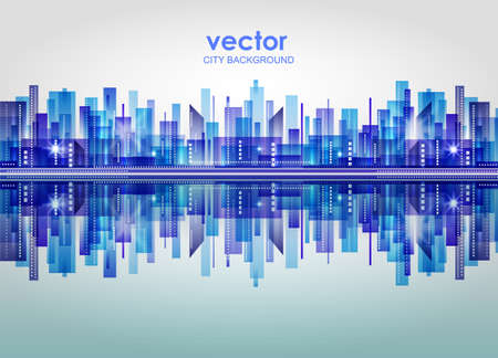 Harbor and city at night with reflection in waterのイラスト素材