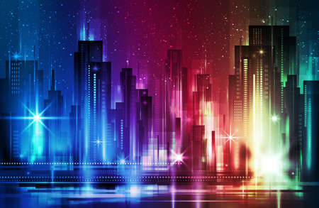 Colorful illuminated Night city background.のイラスト素材