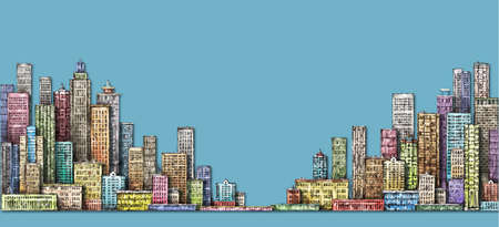 City panorama, hand drawn cityscape,  drawing illustrationの写真素材