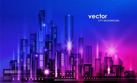Night city background, with glowing lights, illustration with architecture, skyscrapers, megapolis, buildings, downtown.のイラスト素材