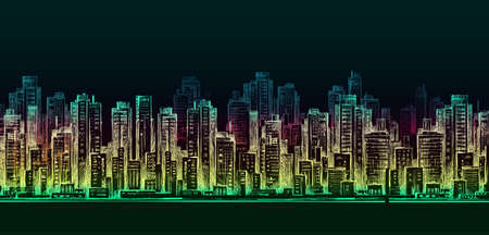 City skyline panorama at night, hand drawn cityscapeの写真素材