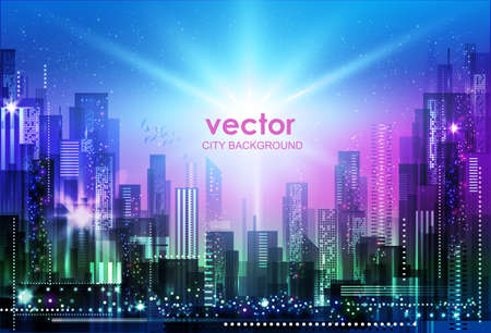 Night city illustration with neon glow and vivid colors. illustration with architecture, skyscrapers, megapolis, buildings, downtown.のイラスト素材