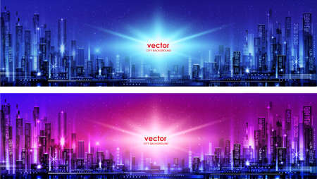 Night city illustration with neon glow and vivid colors. illustration with architecture, skyscrapers, megapolis, buildings, downtown.のイラスト素材