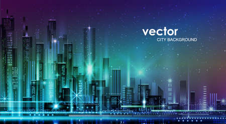 Night city illustration with neon glow and vivid colors. illustration with architecture, skyscrapers, megapolis, buildings, downtown.のイラスト素材