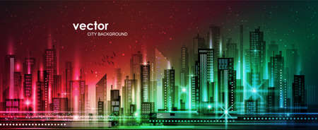 Night city illustration with neon glow and vivid colors. illustration with architecture, skyscrapers, megapolis, buildings, downtown.のイラスト素材