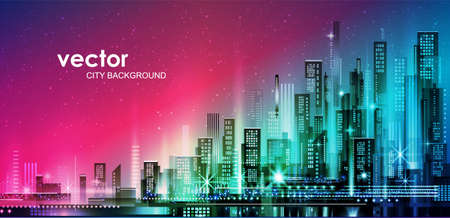 Night city illustration with neon glow and vivid colors. illustration with architecture, skyscrapers, megapolis, buildings, downtown.のイラスト素材