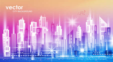 Night city illustration with neon glow and vivid colors. illustration with architecture, skyscrapers, megapolis, buildings, downtown.のイラスト素材