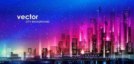 Night city illustration with neon glow and vivid colors. illustration with architecture, skyscrapers, megapolis, buildings, downtown.のイラスト素材