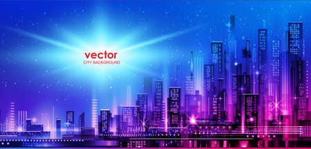 Night city illustration with neon glow and vivid colors. illustration with architecture, skyscrapers, megapolis, buildings, downtown.のイラスト素材