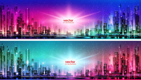 Night city illustration with neon glow and vivid colors. illustration with architecture, skyscrapers, megapolis, buildings, downtown.のイラスト素材