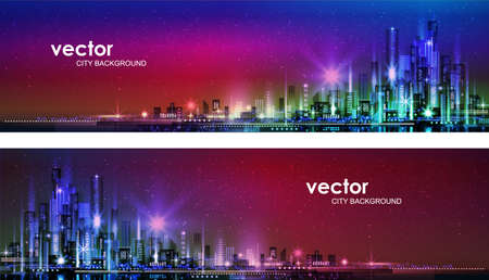 Night city illustration with neon glow and vivid colors. illustration with architecture, skyscrapers, megapolis, buildings, downtown.のイラスト素材